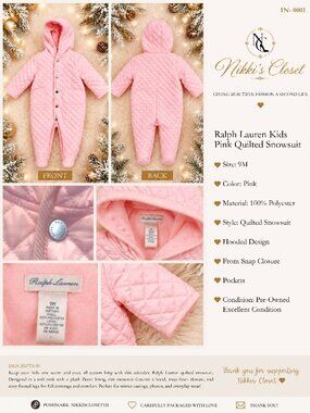 Ralph Lauren Baby Pink Quilted Hooded Snowsuit | 9M